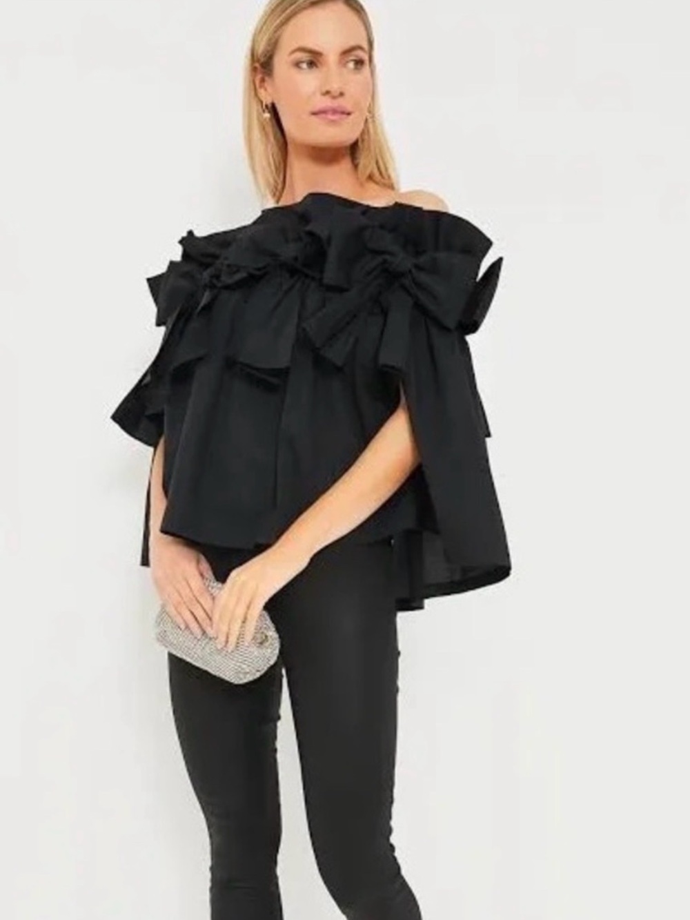 Off-Shoulder Black Ruffle Bow Detail Top